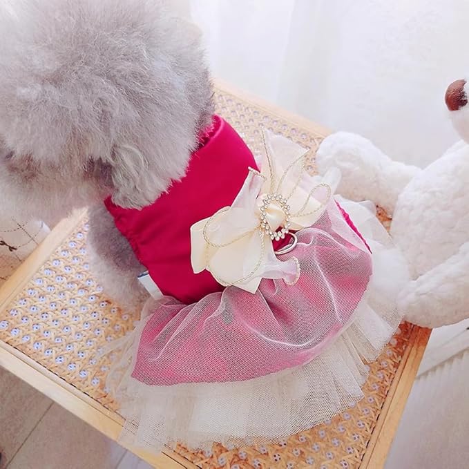 ANIAC Retro Dog Tulle Dress with Leash Ring Spring Summer Girl Puppy Clothes for Small Dog Cat Apparel Formal Pet Prom Dress for Christmas Wedding Birthday Valentines (Red,Small)