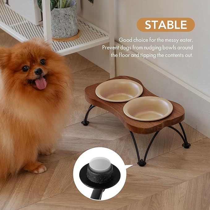 Ceramic 5.5-inch Raised Double-Bowl Set with Non-Slip Stand, Food & Water Dishes for Puppies and Cats, Wide Opening with Rounded Edges(Oat Beige)
