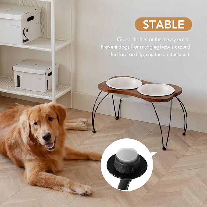 Ceramic 8.7-inch Raised Double-Bowl Set with Non-Slip Stand, Food & Water Dishes for Large Dogs, Wide Opening with Rounded Edges(Matt White)