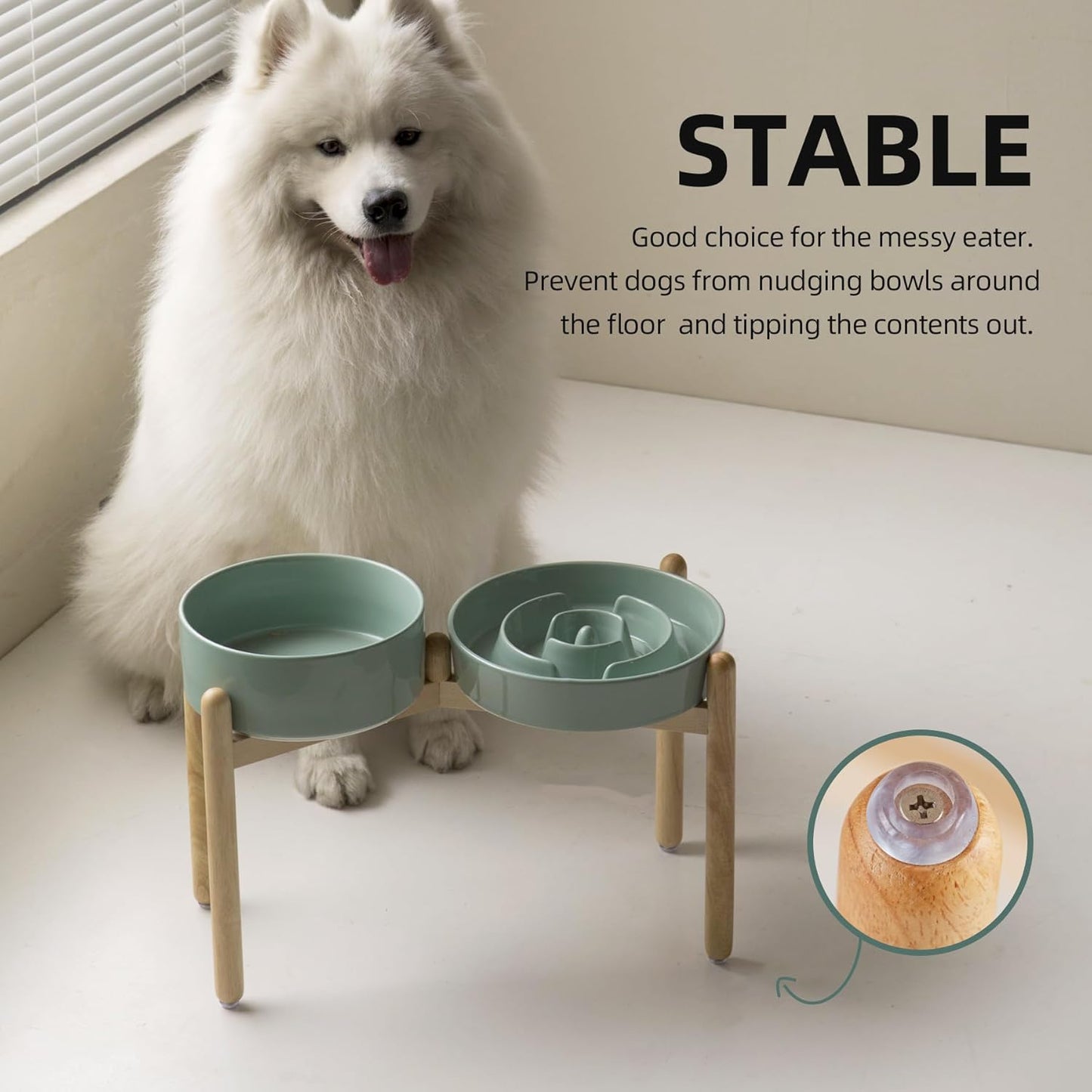 Ceramic Raised Slow Feeder Dog Bowl Set, Elevated 8.2inch Bowl and 9.5inch Puzzle Slow Food Dish with Wooden Stand for Large Dog, Anti-Gulping (2X Light Green+ Stand)