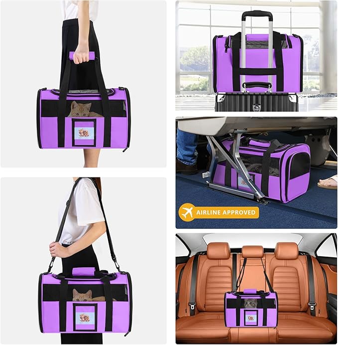 Cat Carrier Pet Carriers Airline Approved for Small Dogs Kitten Carrier for Small Medium Animals Under 15lb, Collapsible Soft Sided Travel Carrier, Purple
