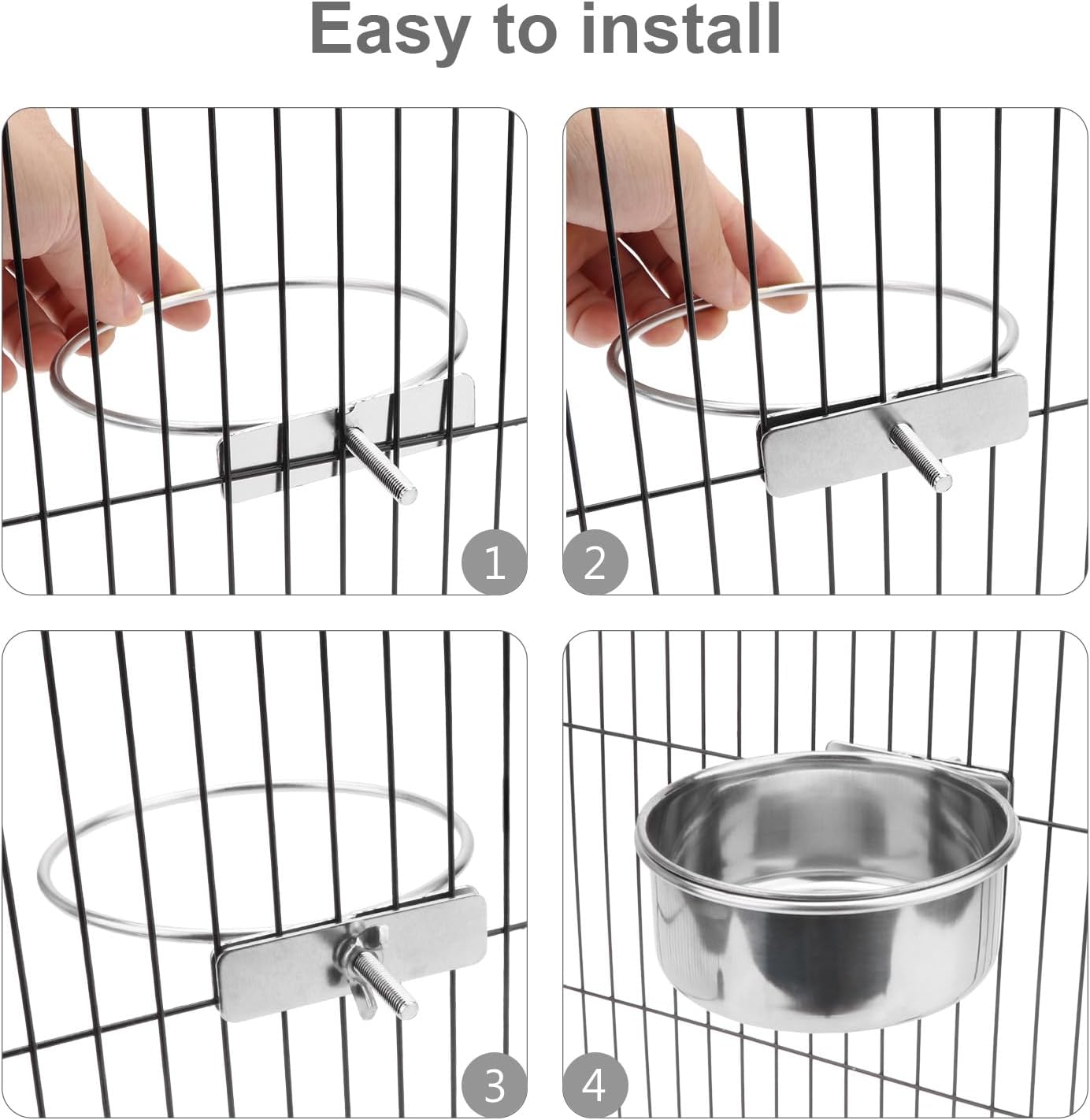 Wontee Pet Food Water Bowl with Clamp Holder Stainless Steel Feeding Cups Feeder for Dog Bird Parrot Cat Rabbit, 2 Packs (XL)