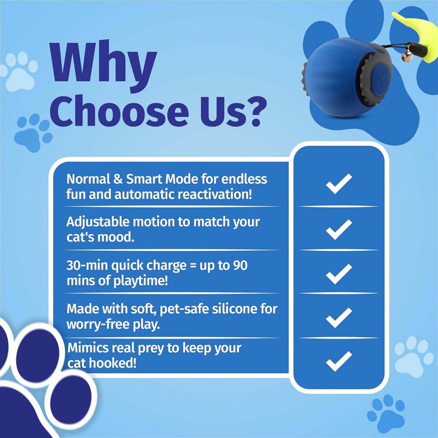 Speedy Tail 2.0 Cat Toy, Interactive Cat Toys for Indoor, Automatic Moving Kitten Rolling Ball with Tail, Rechargeable & Two Speed Adjustment, Smart Interactive Dog Ball, Rollie Pet Chase, Blue