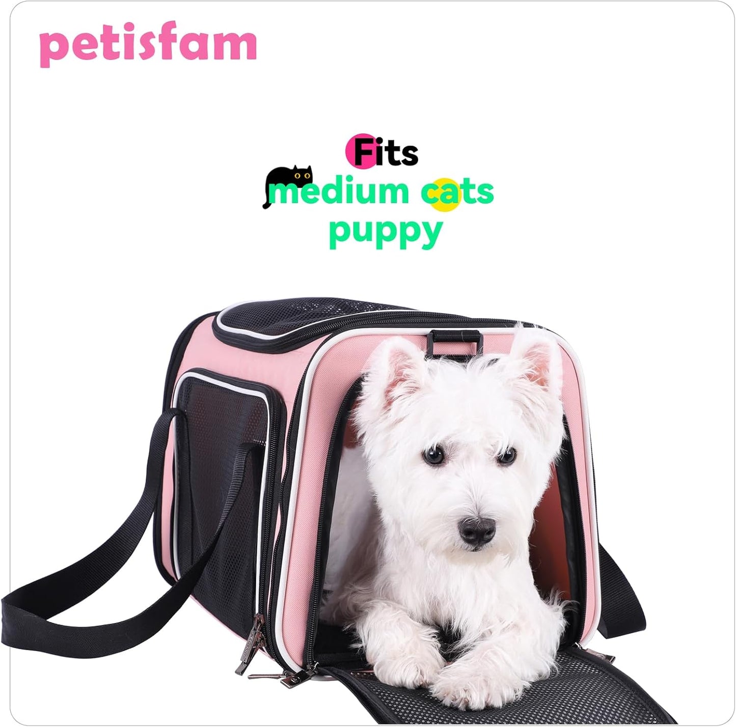 petisfam Soft Pet Carrier for Medium Cats and Small Dogs with Cozy Bed, 3 Doors, Top Entrance | Airline Approved, Escape-Proof, Breathable, Leak-Proof, Easy Storage (Pink)