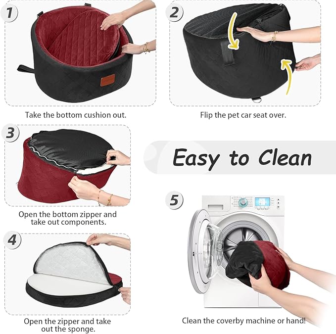 Dog Car Seat for Small Dogs Up to 30 Lbs,Ultra Soft Fabric Fill in Comfy Memory Foam,Happy Pet Ride,2 Safety Dog Leashes,Fully Detachable and Washable,Anti Slip Base(Black/Red)