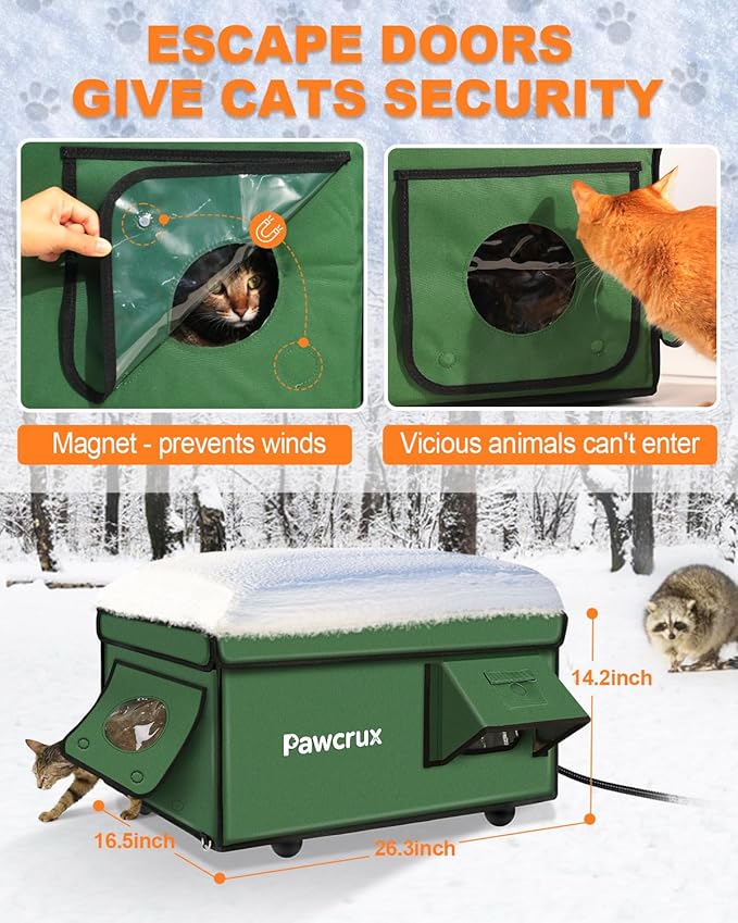 Weatherproof Heated Cat House for Outdoor in Winter, Heated Cat Bed Kitty Shelter with Cat Heating Pad, Insulated & Safe Escape Door, Warm Home for Outside Stray Cat