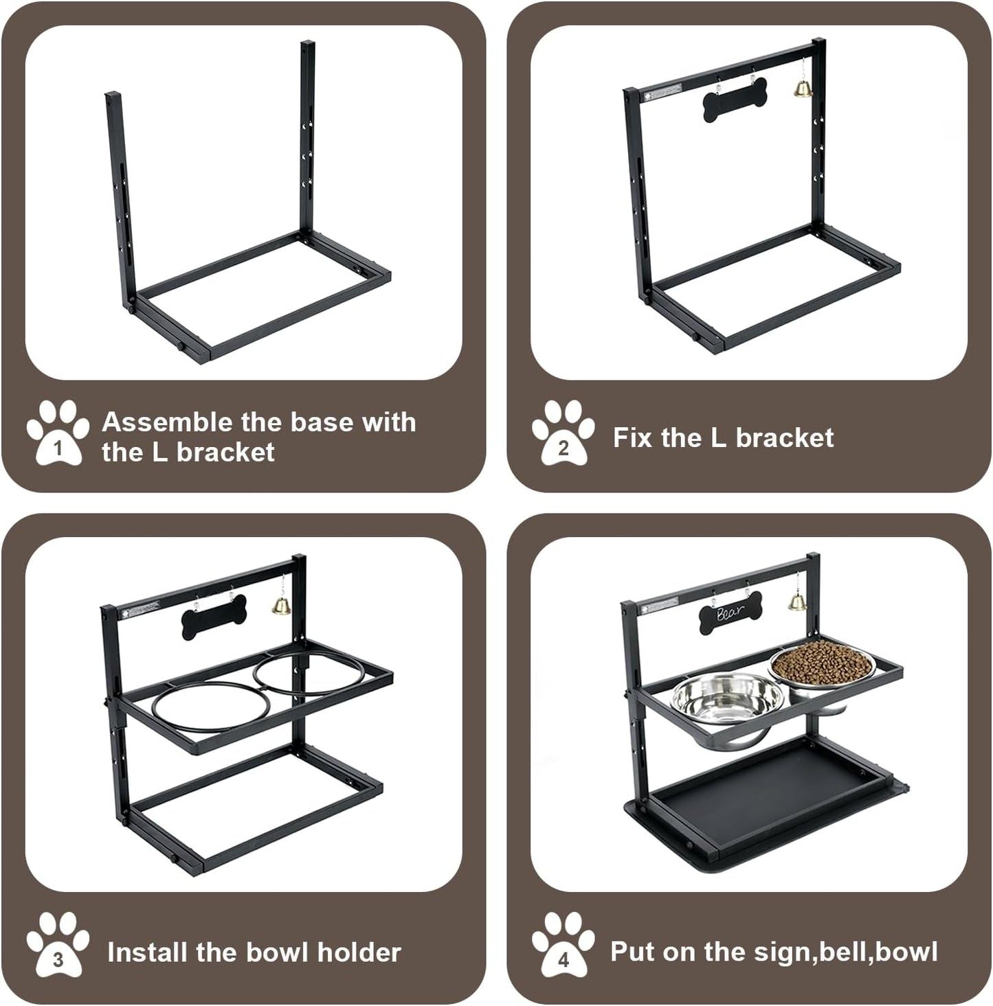 Elevated Dog Bowls with Slow Feeder for Large and Medium Dogs, Adjustable Height Raised Dog Bowl Stand with 2 Stainless Steel Bowls and Spill-Proof Mat, Dog Feeder for Healthy Eating (Grey)