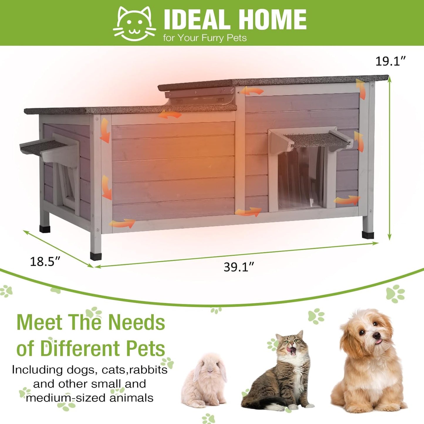 GUTINNEEN Outdoor Cat House Large Insulated Cat House Indestructible Weatherproof Feral Cat Shelter with Openable Hinged Roof, Escape Door for 1-4 Feral Barn Cats (Winter-Ready, 39.1"x18.5"x19.1")