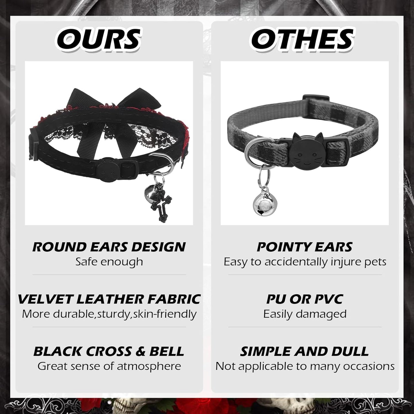 EXPAWLORER Cat Collar Breakaway,Adjustable Soft Velvet Cat Collar with Cross Accessory and Bell,Safety Quick Release Gothic Style Pet Collar for Cat,Kitten,Small Dog