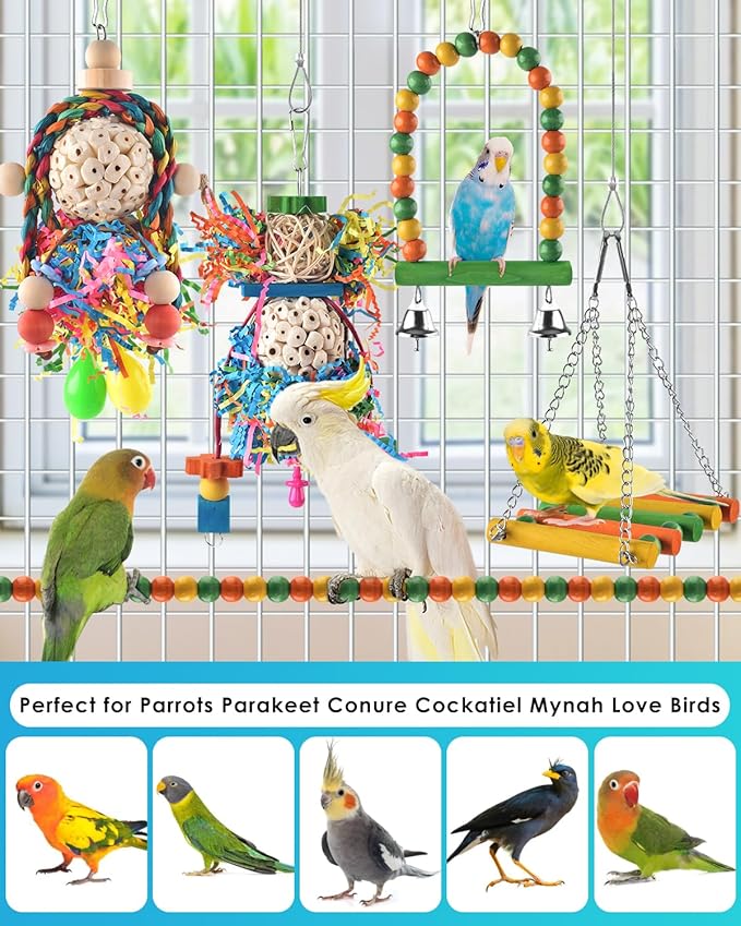 Bissap Conure Toys, 5 PCS Parrot Foraging Shredder Hanging Toys Sola Balls with Sand Hammer Perch Swing Climbing Ladder for Small Parrots Parakeets Conures Cockatiels Love Birds Cage Toy