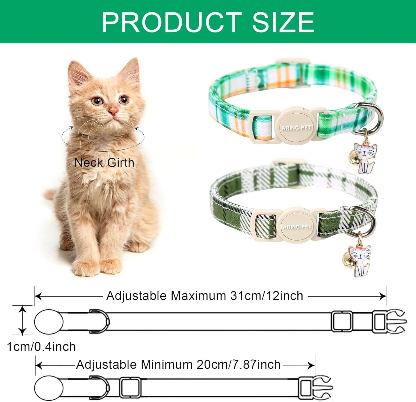 ARING PET 2 Pack Cat Collar-Cute Cotton Cat Collar with Bell & Pendant, Adjustable Spring Kitten Collars with Safety Buckle for Girl and Boy Pets
