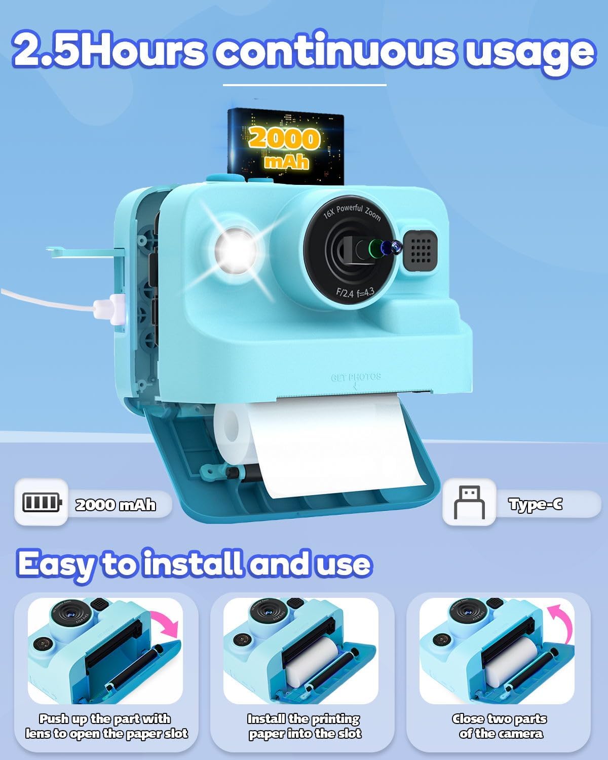 Kids Camera Instant Print,1080P Kids Instant Cameras That Print Photos,Christmas Birthday Gifts for Girls Age 3-12,Portable Toy for 3 4 5 6 7 8 9 10 Year Old Girls Boys-Blue