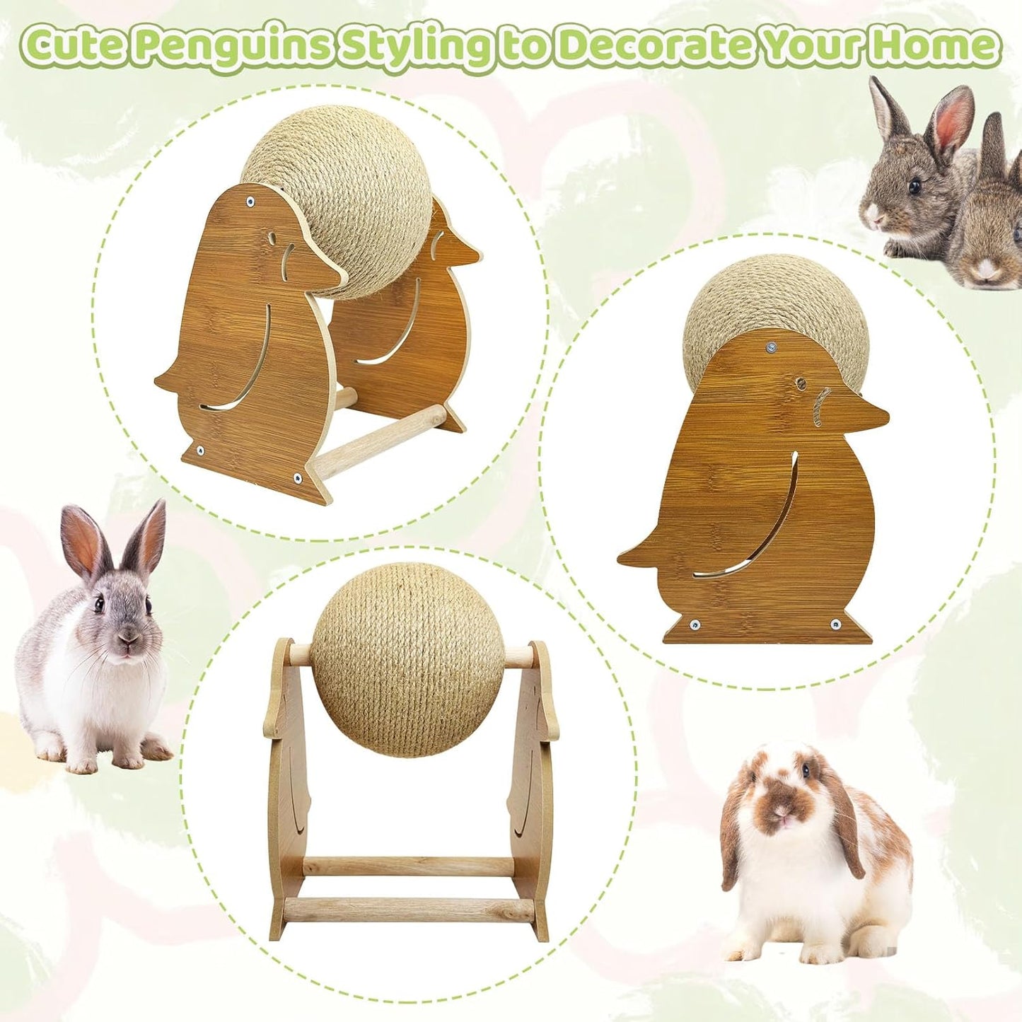 Fhiny Rabbit Scratch Toy, Natural Sisal Bunny Toy Scratching Ball Cute Sisal Bunny Claw Scratcher Ball Rabbit Enrichment Interactive Scratching Post for Kittens Ferrets Penguins Shape