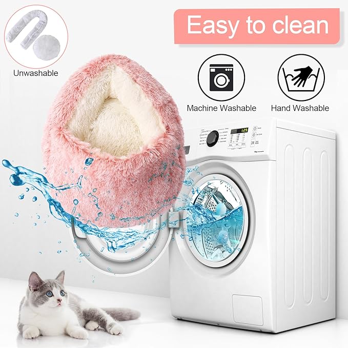 Calming Bean Mush Beds & Cat Cave with Hooded Cover, Removable Washable Round Beds for Small and Medium Pets, Anti-Slip Faux Fur, Fits Up to 15/25 lbs