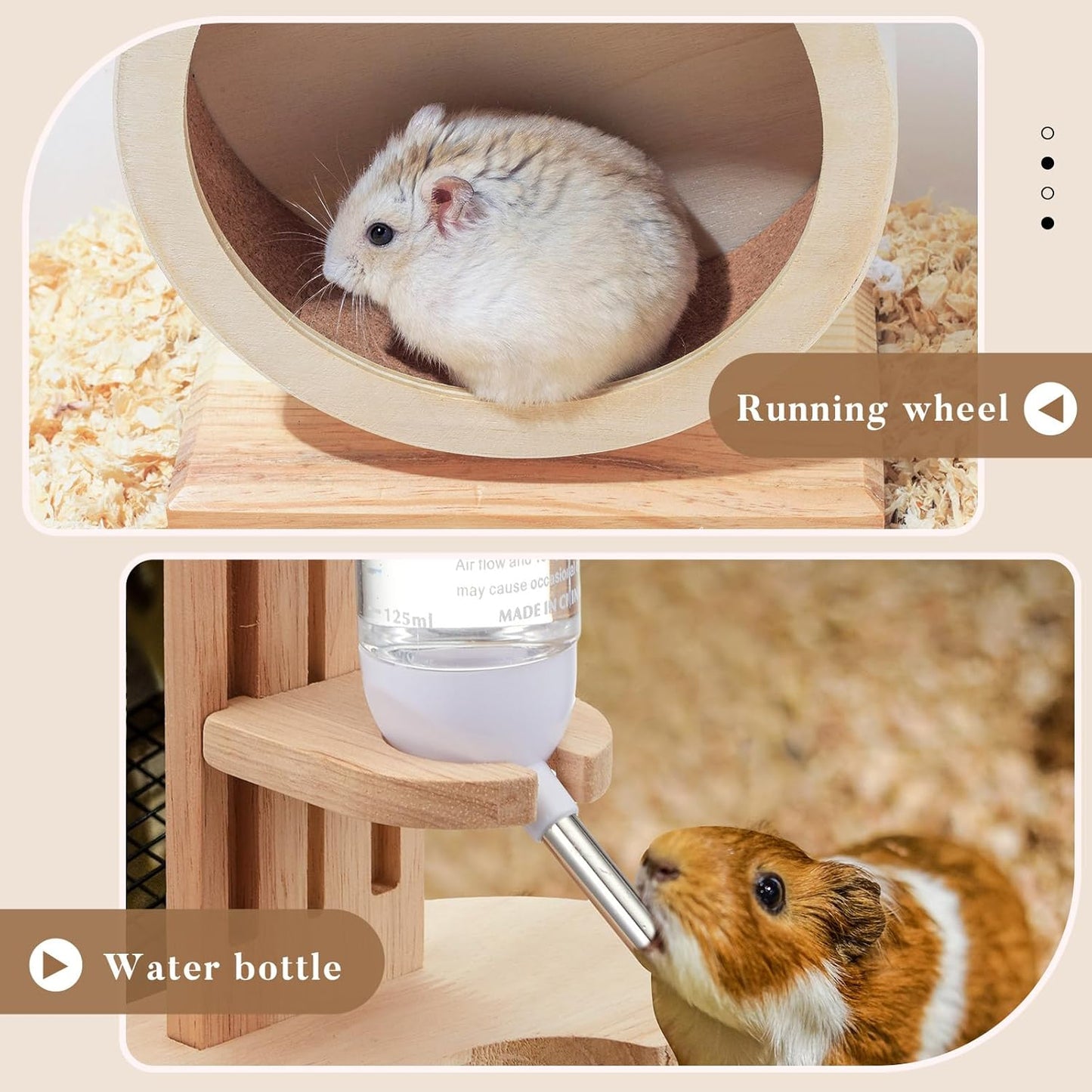 2 Pcs 7.9" M Size Wooden Hamster Wheels and Hamster Water Bottle Set Guinea Pig Running Silent Exercise Wheels Small Animal Water Dispenser Stand Holder for Guinea Pig Gerbil