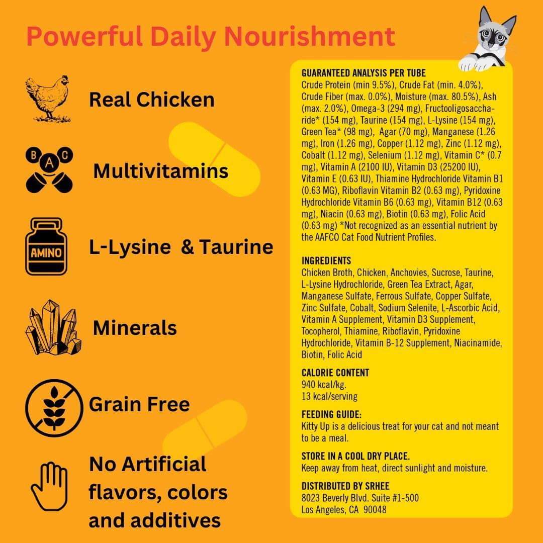 Kitty Up Lickable Cat Treats - All Natural Chicken Puree Tubes with Lysine & Taurine | Grain-Free Wet Treats for Indoor Cats & Kittens (12 Pack)