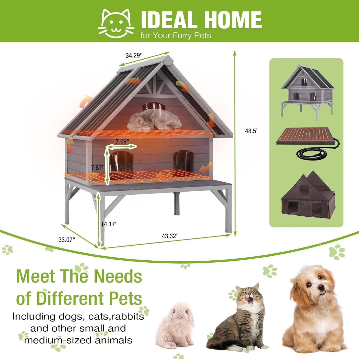 GUTINNEEN Heated Cat House 2-Level Large Outdoor Cat House Insulated Weatherproof Feral Cat Shelter with 2 Heating Pads, Insulated All-Round Thermal Liner, Large Porch, 3 Escape Doors for 1-6 Cats