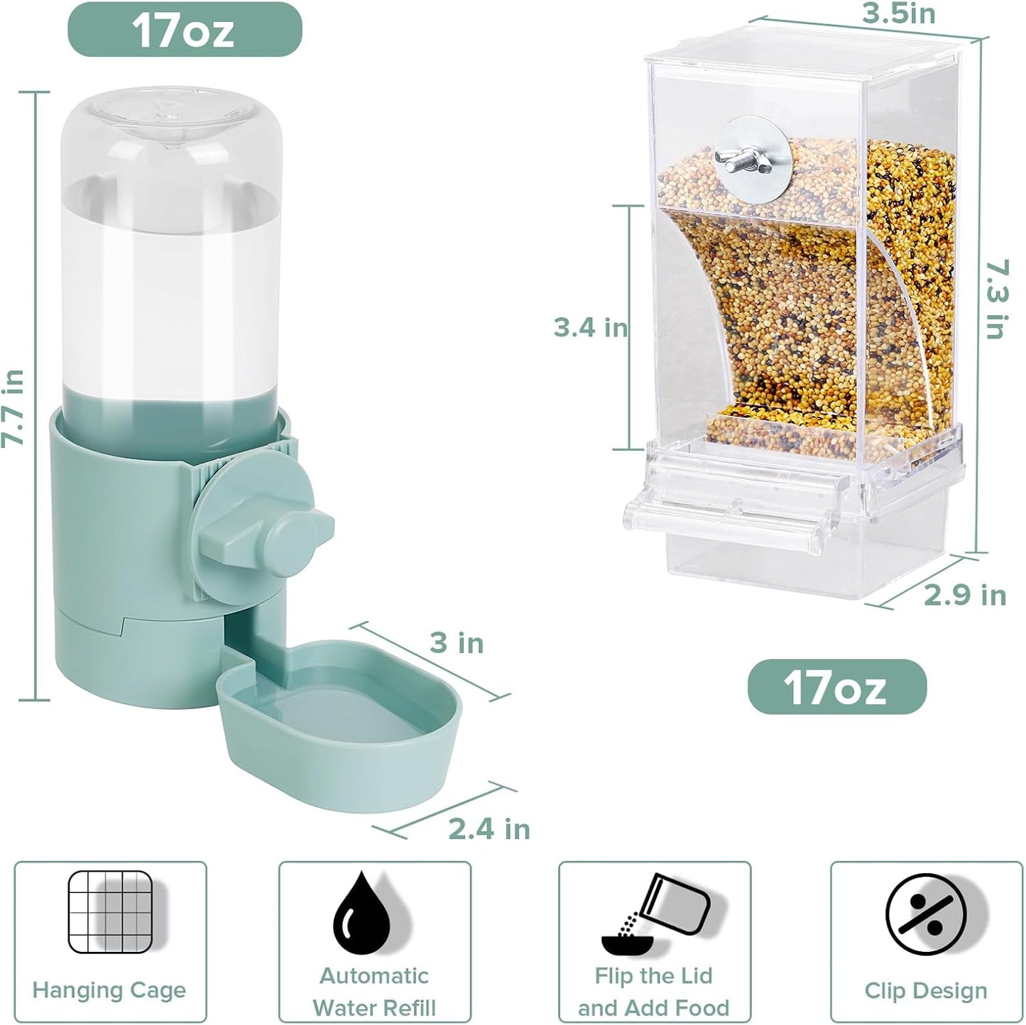 No Mess Bird Feeder Water Dispenser Set, Bird Feeder for Cage, Cage Accessories for Cockatiels, Finches, Budgies and Canaries