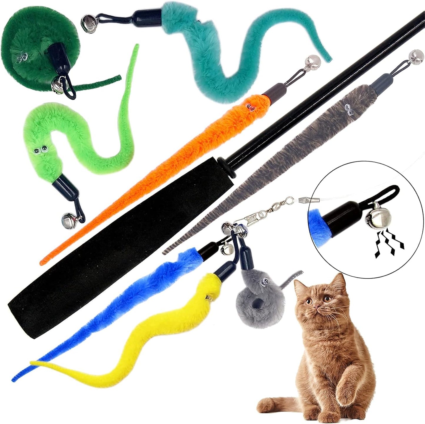 Cat Toy Worm Refills, 12 Pieces Interactive Cat Wand Attachments Worms Toy for Indoor Cats