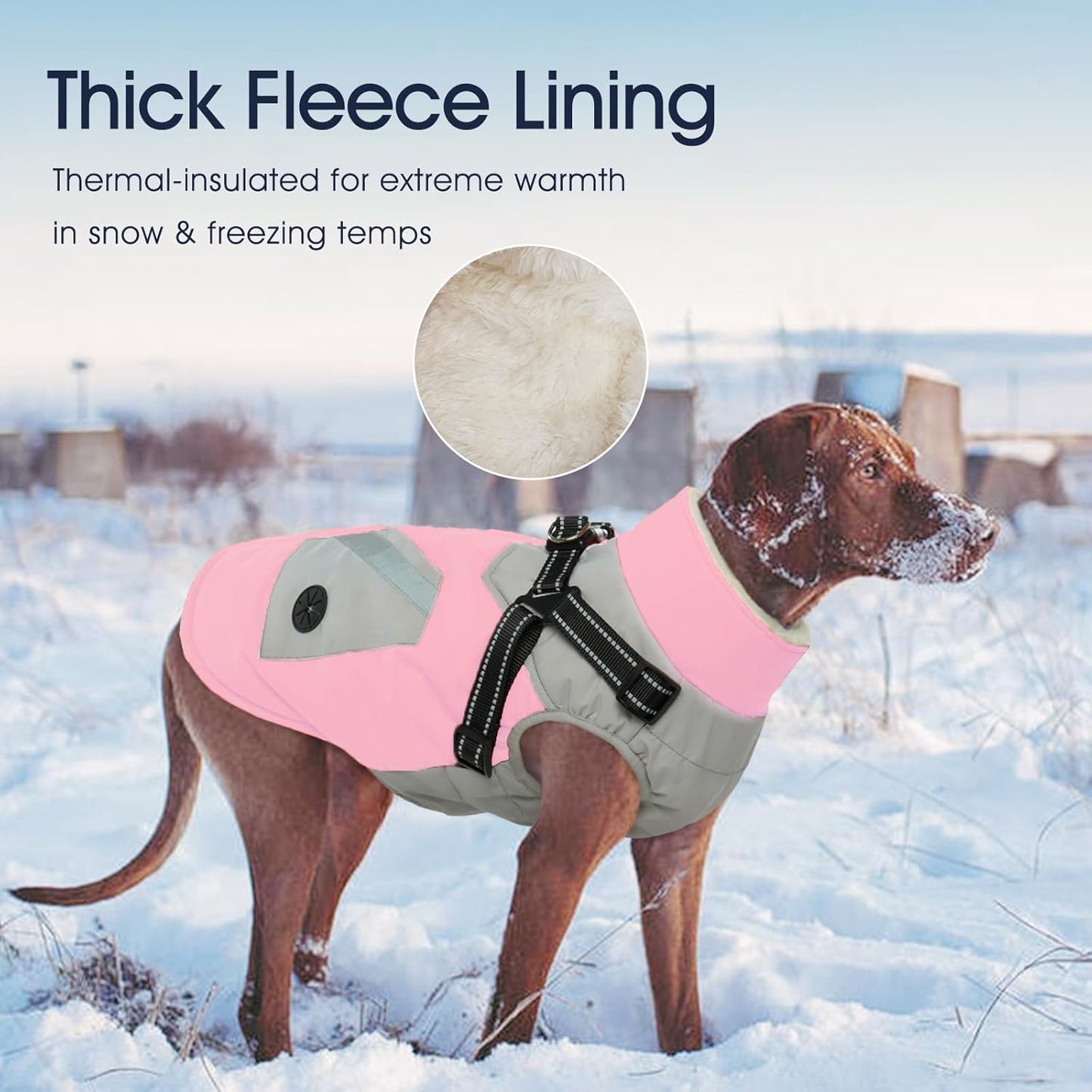 IECOii Dog Winter Coat with Harness Built in, Waterproof Windproof Dog Coats for Large Dogs, Thermal Fleece Cold Weather Jackets with Zip, Outdoor Warm Snow Jacket Reflective, Pink, XXXL