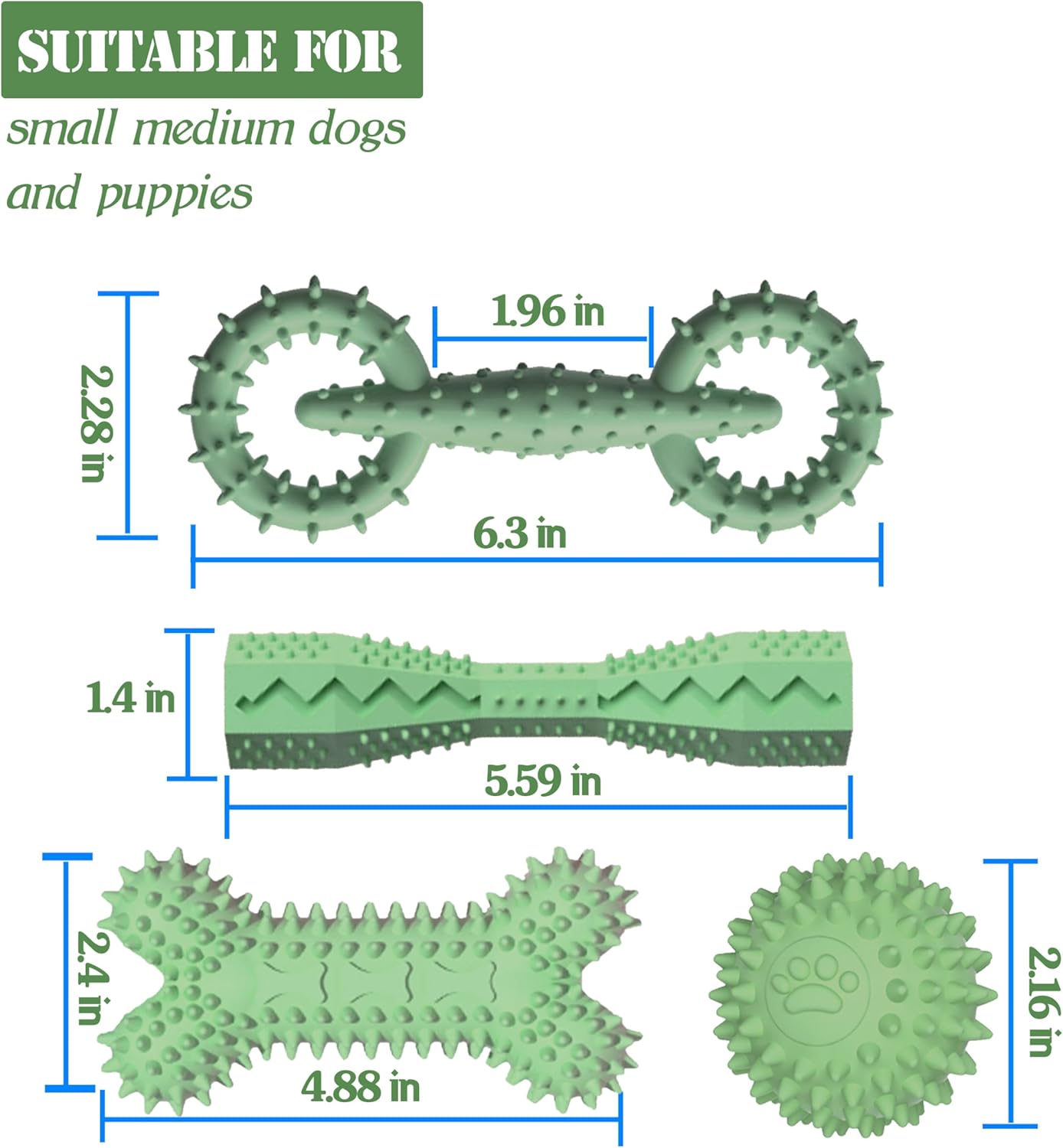 4 Pack Puppy Toys for 2-8 Months Pets Dog Chew Toy for Small Puppies Teething Toys for Cleaning Teeth Food Dispensing Soft Durable Rubber Bone Funny Ball Interactive Donut Treat Dumbbell (Green)