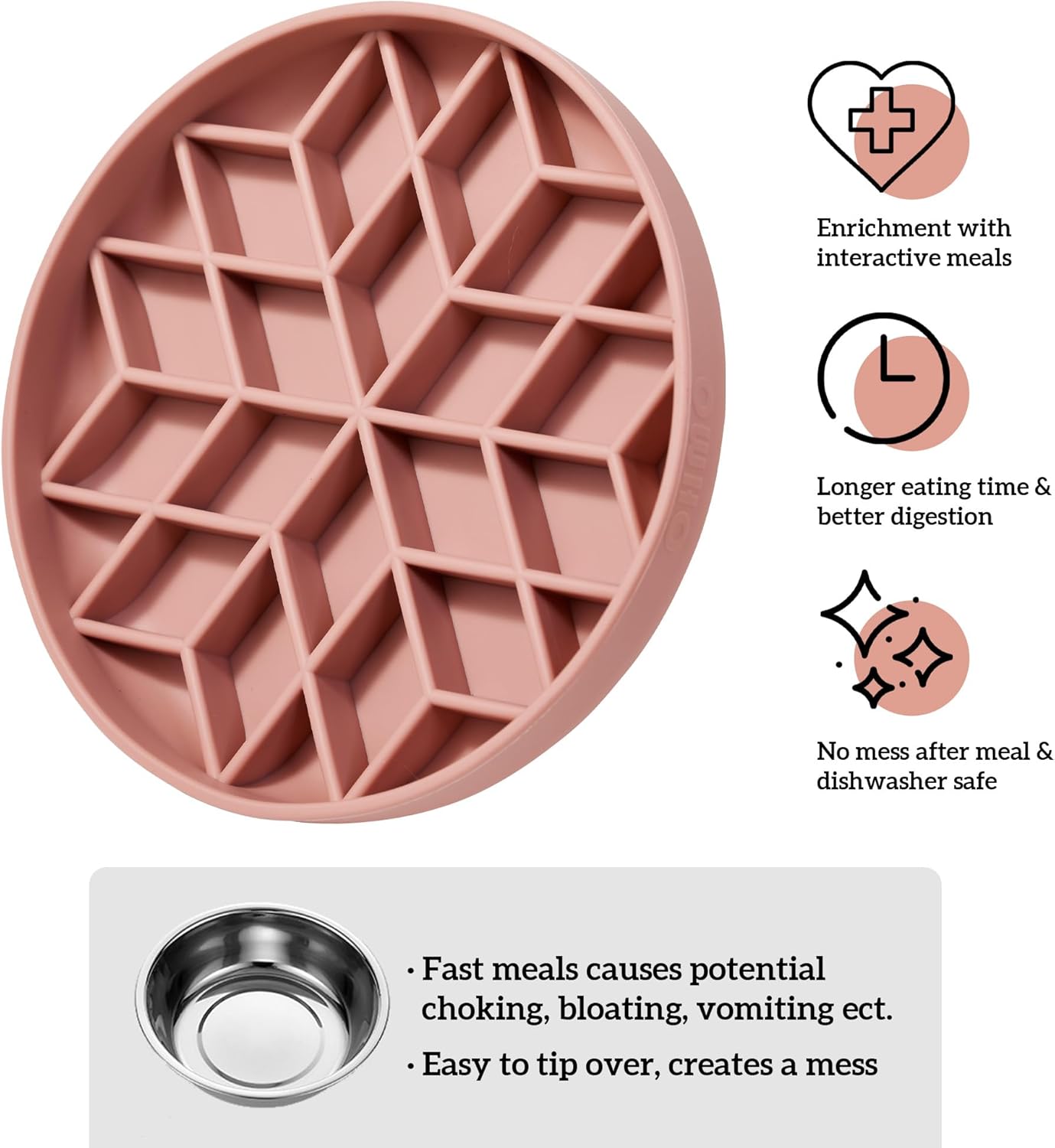 OHMO Slow Feeder Dog Bowls (Diamond, 8" Coral) Enrichment Toy Soft Silicone Food Safe Feeding Bowl Non Slip Suction Cup for All Breed Pet, Cat Slow Down Eating Dishes, Boredom and Anxiety Reducer