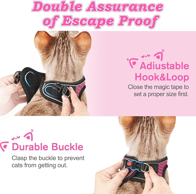 Cat Harness and Leash for Walking Escape Proof, Adjustable Kitten Vest Harness Reflective Soft Mesh Puppy Harness for Outdoor, Comfort Fit, Easy to Control (Pink, XS)