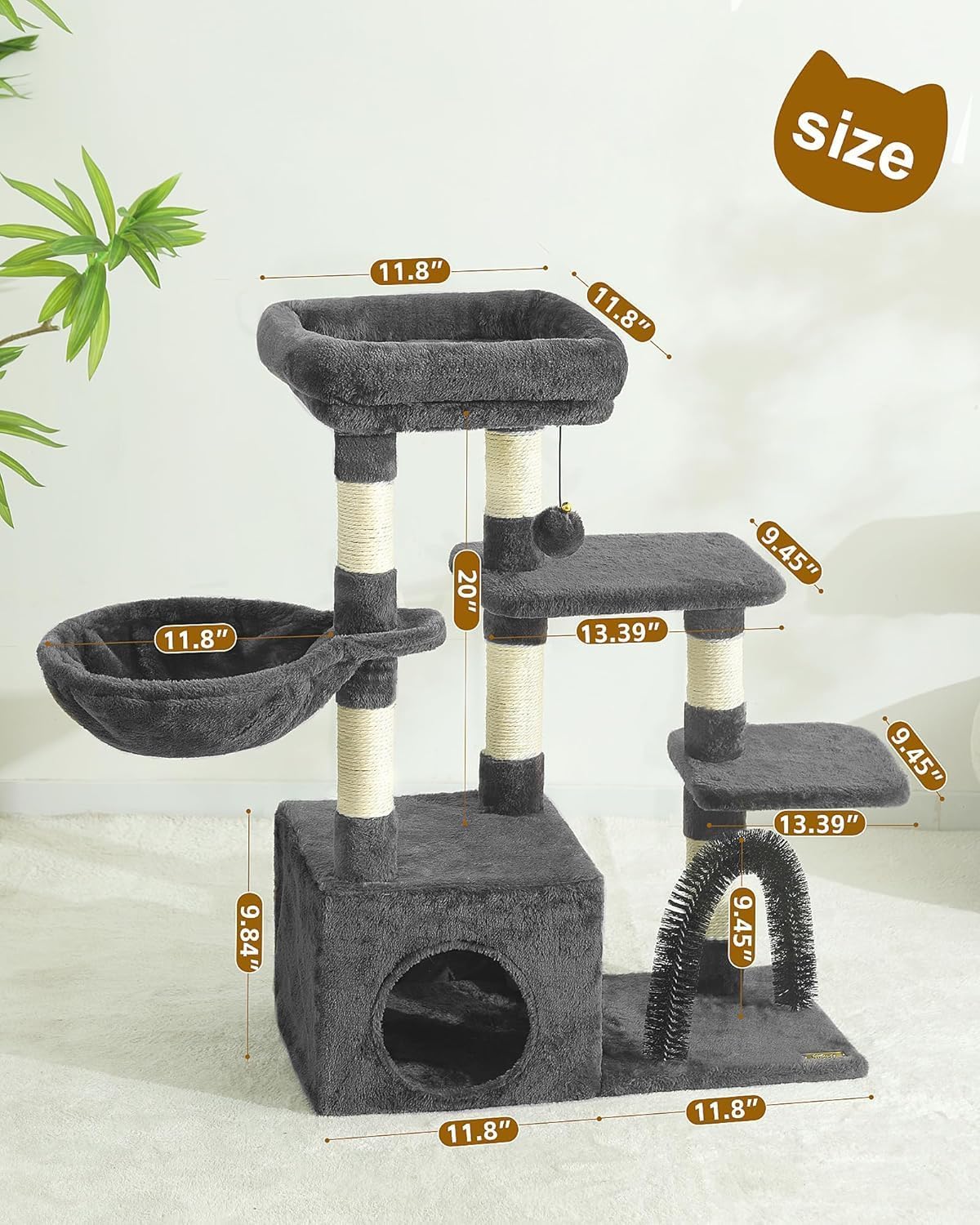 HOOPET 32IN Cat Tree for Indoor Cats - Multi-Level Cat Tower with Hammock, Condo, Scratching Posts, Self-Grooming Brush & Play Ball - Space-Saving Cat Furniture for Small Apartments