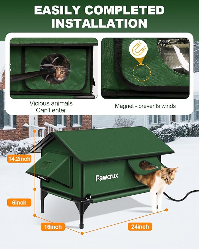 100% Waterproof Heated Cat House for Outdoor Cat with Safe Escape Door, Cat Bed Weatherproof Cat Shelter Kitty with Cat Heating Pad, Insulated Warm House for Feral Cat(Green, 24"x16"x20.2")