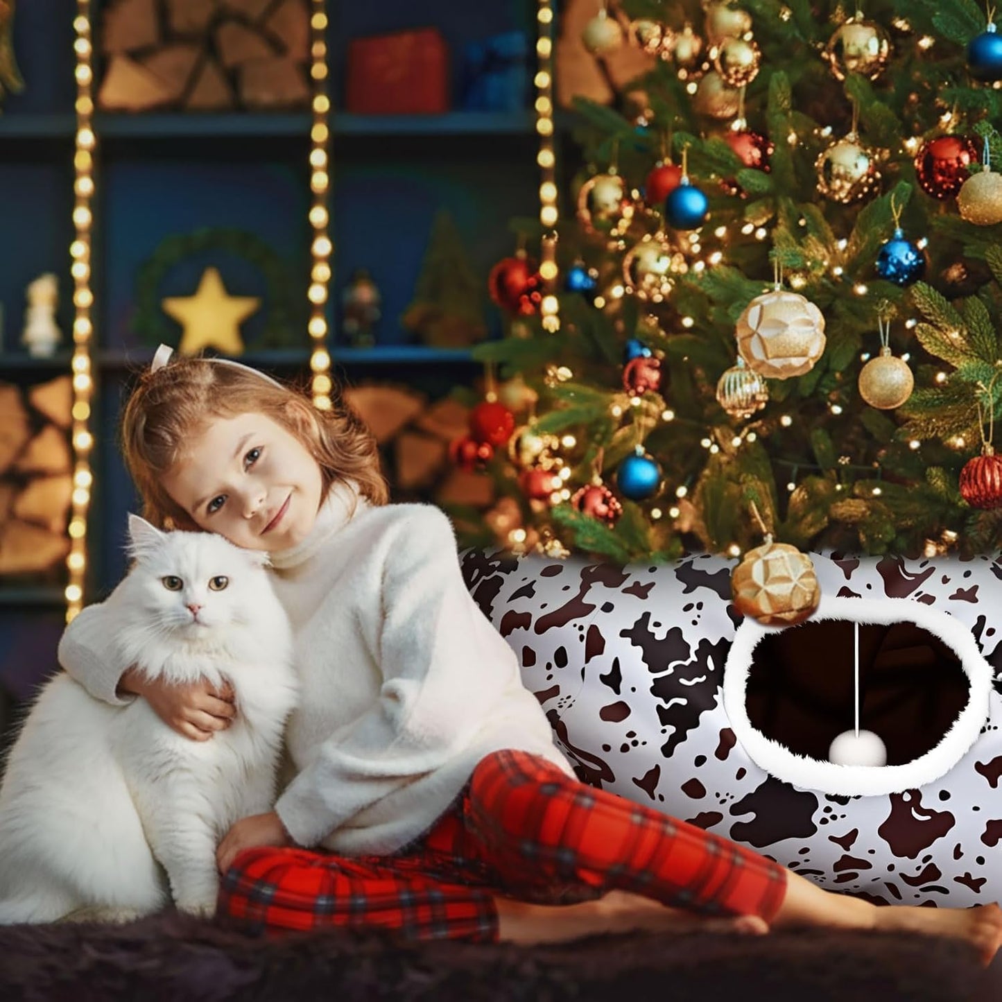 Cat Tunnel Bed Under Christmas Tree 36'' Kitten Circle Donut Tunnel Skirt with Ball Mat Decorative Xmas Folding Home Kitty Guard Tube Holiday Party Indoor Pet (Brown Black White,Cowhide)