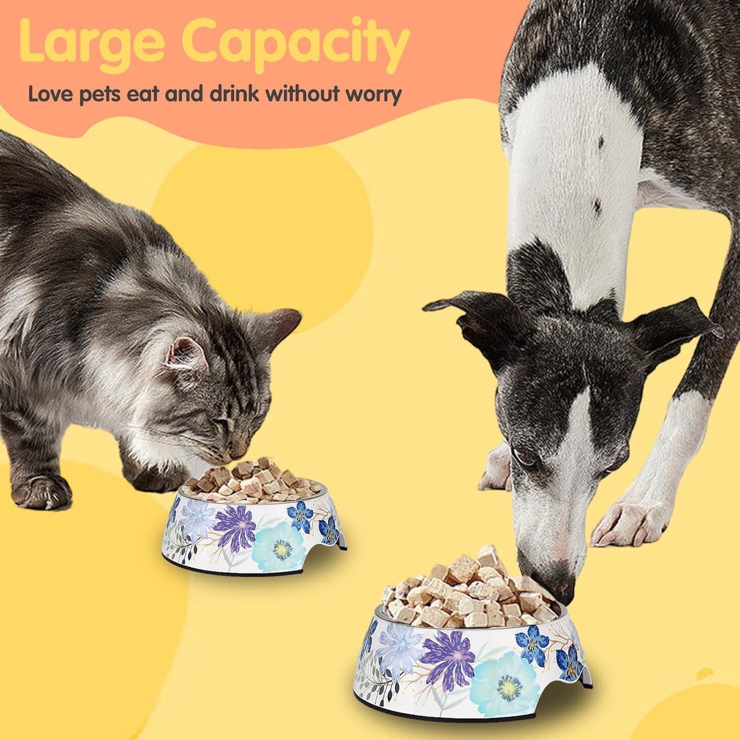 Pet Cats Dogs 2 in 1 Food Water Bowls - Non Slip Skid Proof Heavy Duty Pet Cats Dog Food Water Bowls for Feeding Drinking Small Medium Large Dogs Cats Puppies (Blue Flower, S:7OZ)