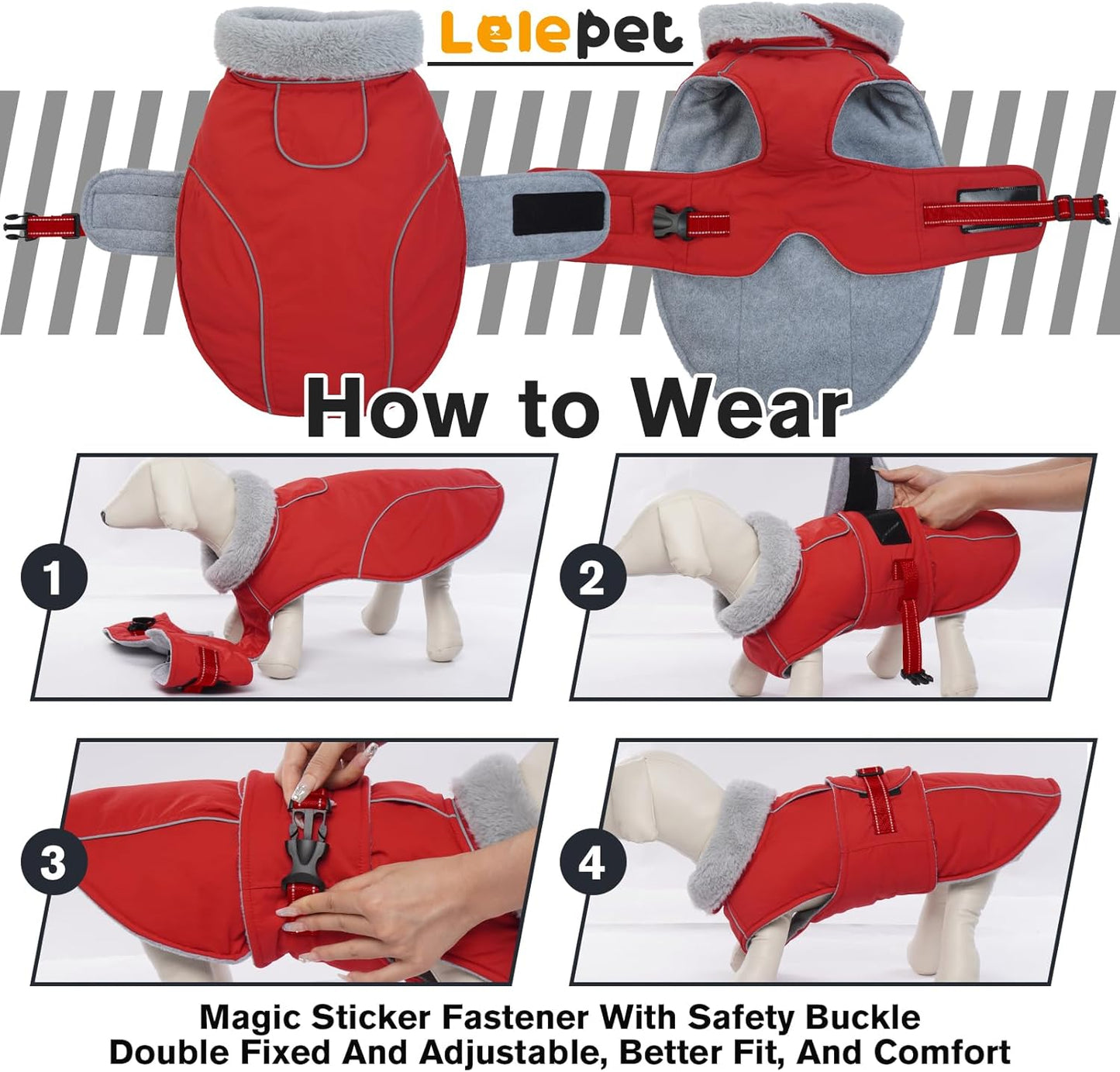 Lelepet Warm Dog Coat Waterproof Dog Jacket Reflective Fleece Vest with Adjustable Buckle Hook & Loop, Windproof Winter Jacket Dogs Coats for Small Medium Large Dogs, Red, M