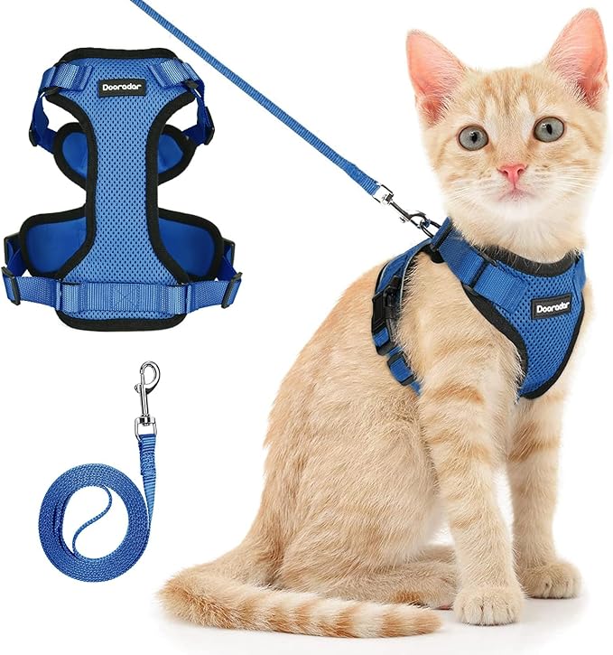 Dooradar Cat Harness and Leash Set, Escape Proof Safe Adjustable Kitten Vest Harnesses for Walking, Easy Control Soft Breathable Mesh Jacket with Reflective Strips for Cats, Blue, XS