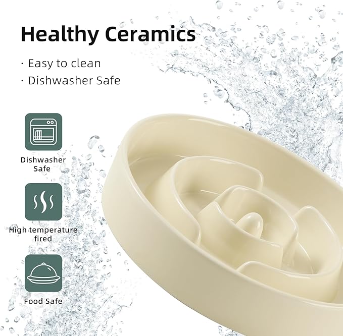 8.2inch Ceramic Slow Feeder Dog Bowl for Medium and Large Breed, Puzzle Dog Food Dish, Anti-Gulping, Pet Slow Feeder, Stop Bloat, Preventing Choking (Single Bowl-Beige)