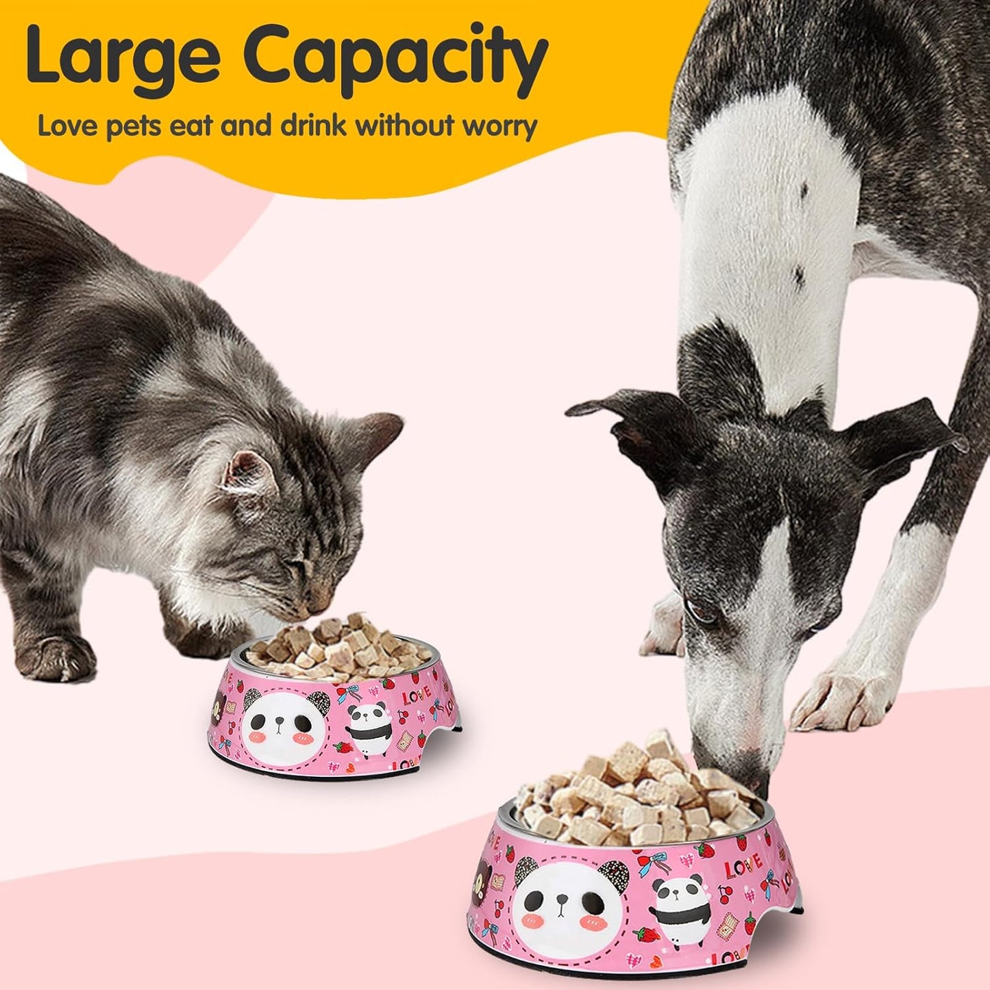 Pet Cats Dogs 2 in 1 Food Water Bowls - Non Slip Skid Proof Heavy Duty Pet Cats Dog Food Water Bowls for Feeding Drinking Small Medium Large Dogs Cats Puppies- Pink Panda-L