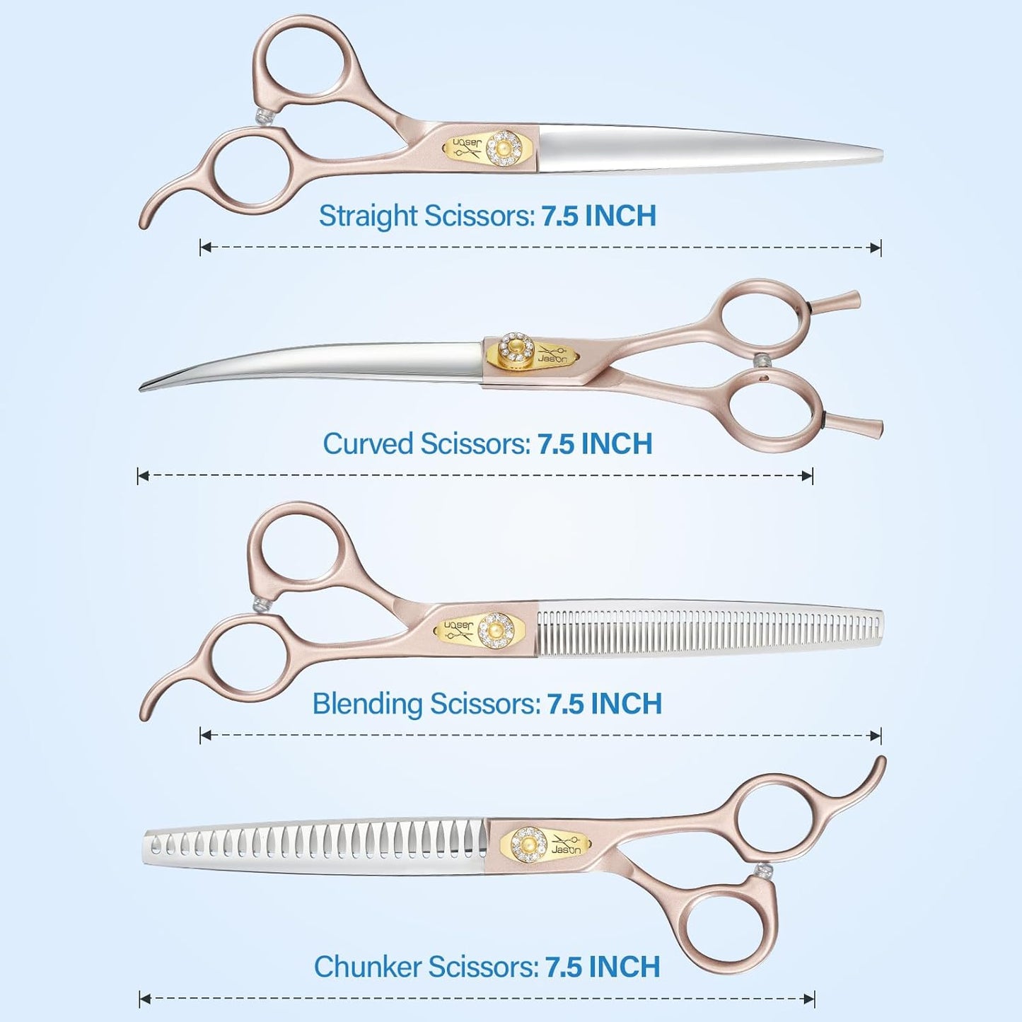 JASON Professional 6 in 1 Dog Scissors Kit - 7.5" Thinning, Chunker, Straight, Curved Shears and Comb for Cat, Rosegold