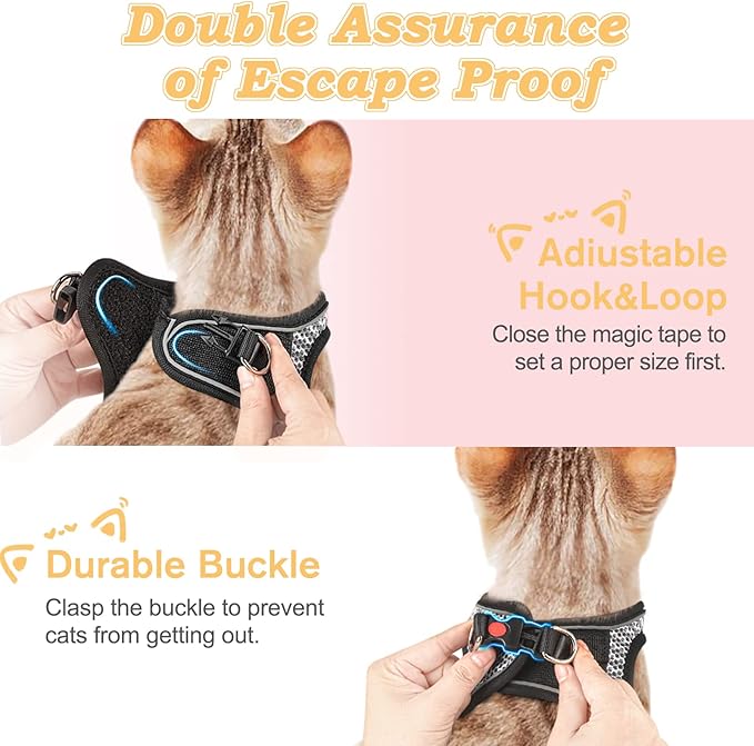 Cat Harness and Leash for Walking Escape Proof, Adjustable Kitten Vest Harness Reflective Soft Mesh Puppy Harness for Outdoor, Comfort Fit, Easy to Control (Grey, L)