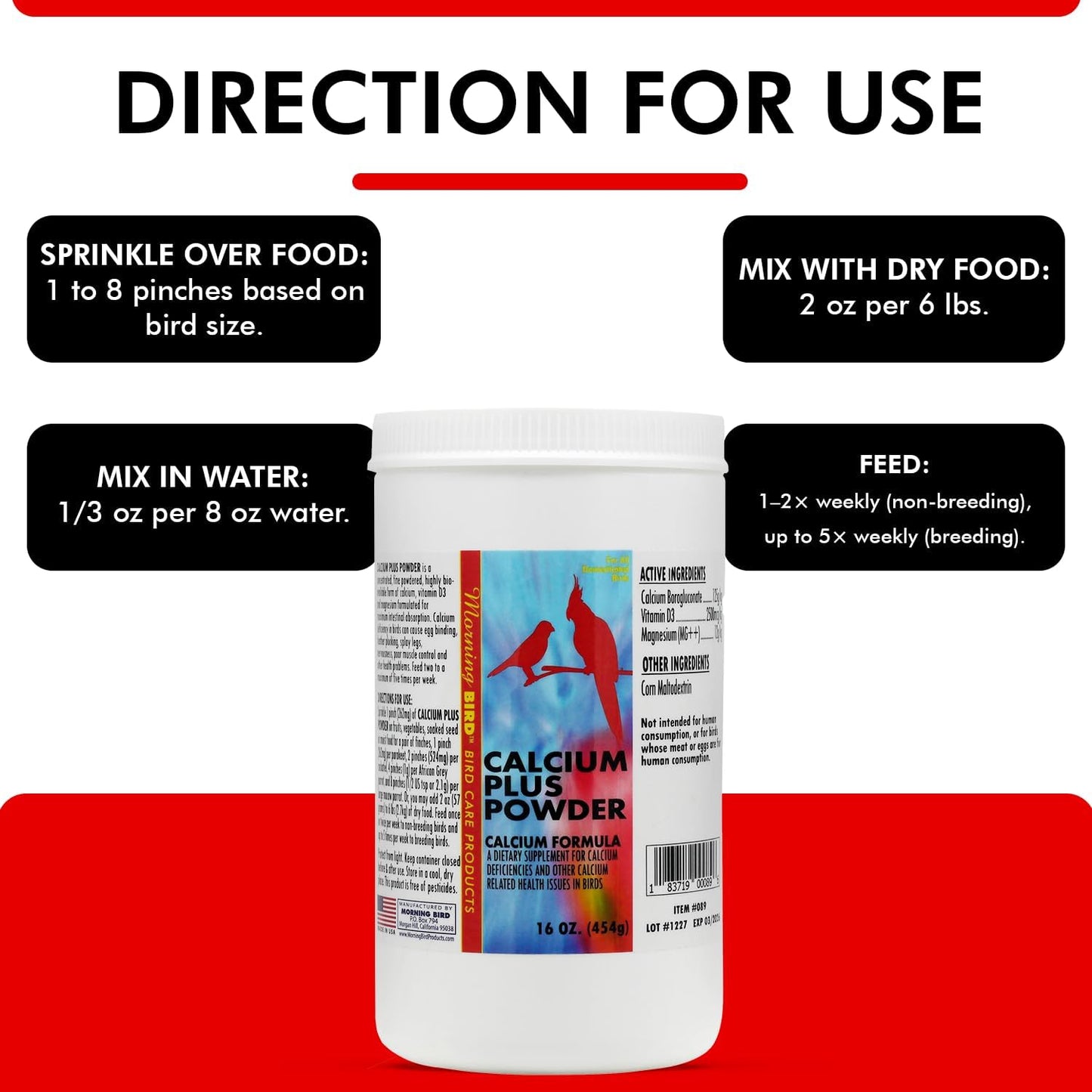 Morning Bird Calcium Plus Powder for Birds 16 oz – Calcium Supplement with Vitamin & Protein Powder – Supports Bone Health, Muscle Function & Digestive Balance – Easy-to-Mix Calcium Formula