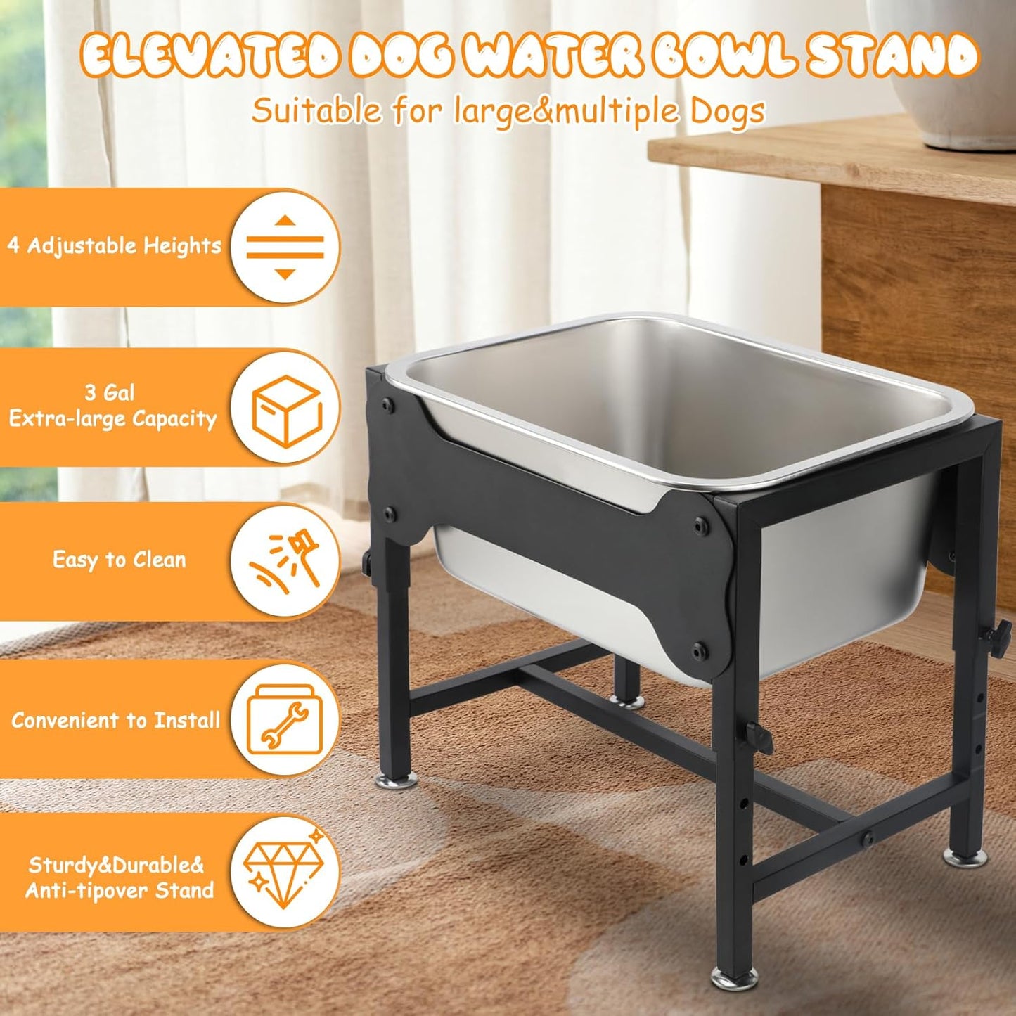 BWOGUE 3 Gal Elevated Large Dog Water Bowl, Raised Stainless Steel Bowl Stand Large Breed, 4 Height Adjustable (9", 11", 13", 15") Non-slip Dog Feeding Station for Joint Pressure Relief Indoor Outdoor