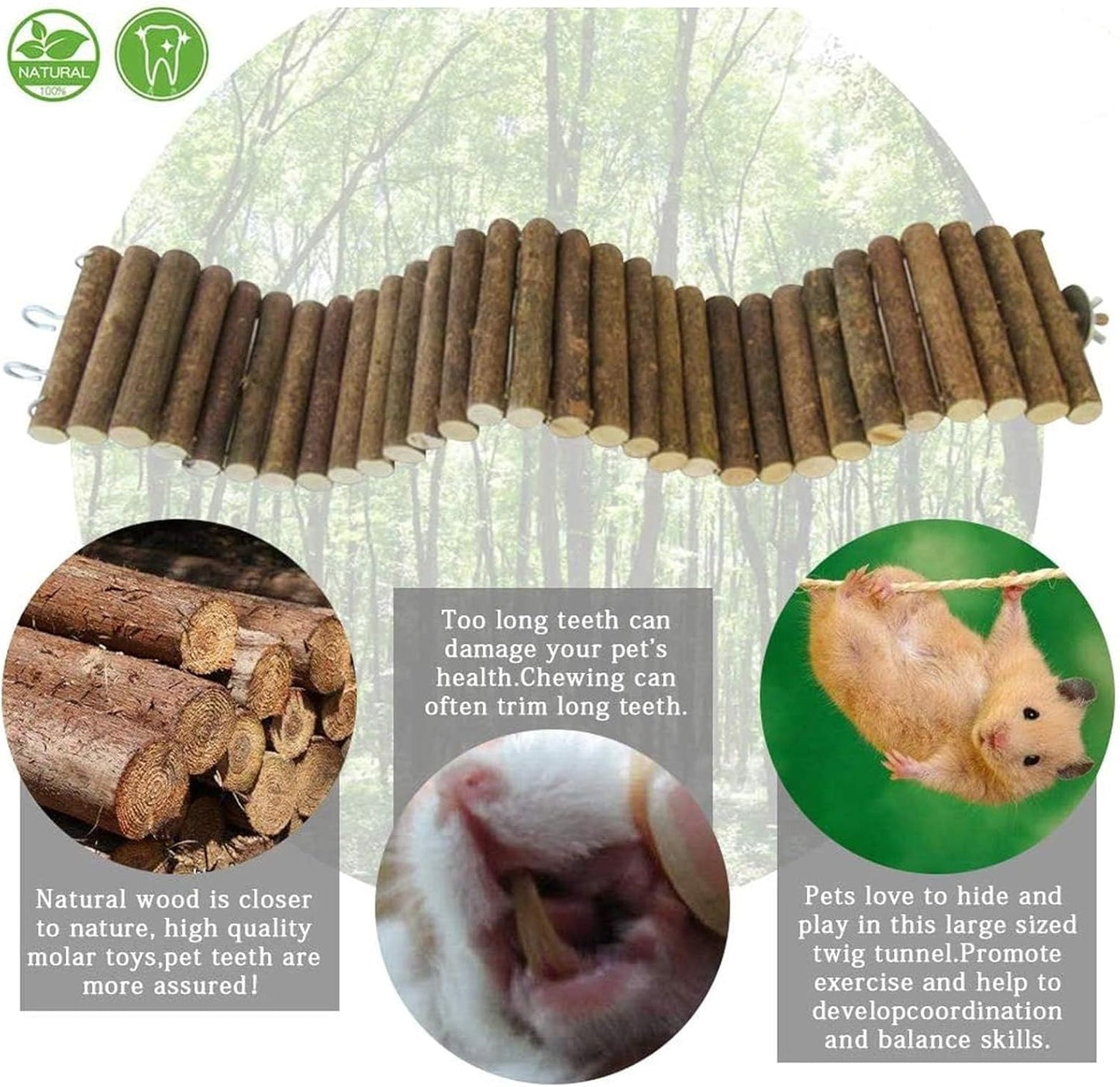 2PCS Rat Bendy Long Suspension Bridges, Hamster Bridge Wooden Ladder Bendable Flexible Tunnel Natural Climbing Ladder Chews Toys for Rodents Mouse Dwarf Hamster(15.7×3.9''+7.9×3.9'' Brown)