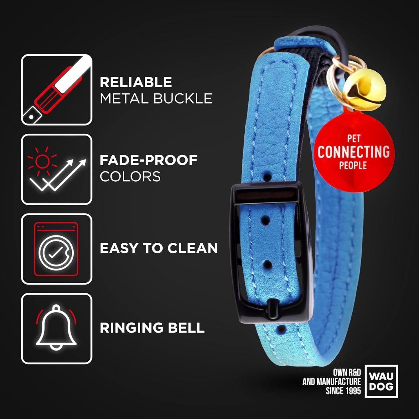 Leather Cat Collar with Bell & Elastic Strap - Pet Collar Leather - Kitten Collar - Small & Big Cat Collar for Boy & Girl Cats with Safety Elastic Strap (Blue, 8" - 12")