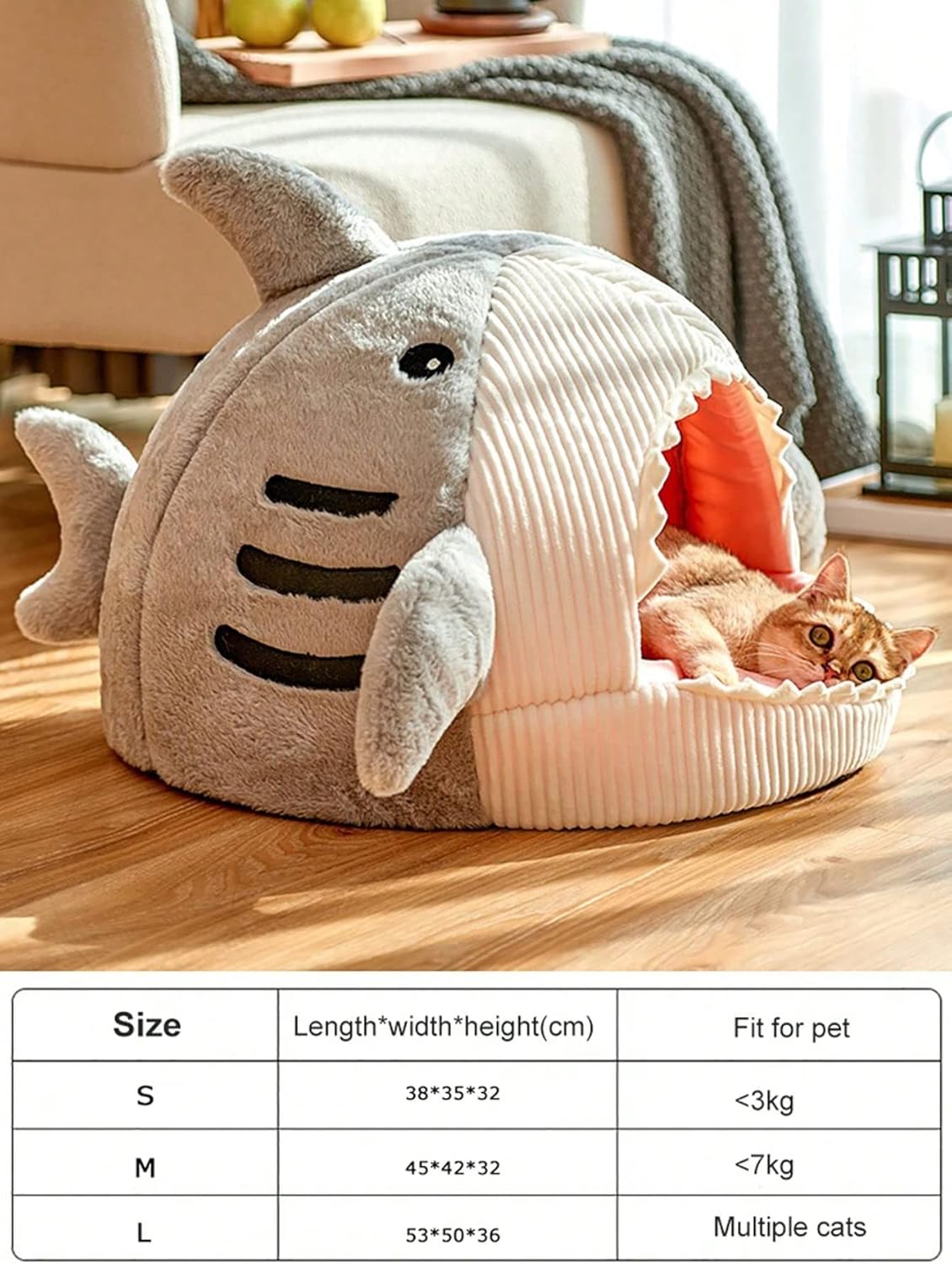 QWINEE Cat Mat Shark-Shaped Kennel Kitten Bed Hideout House Warm Soft Comfortable Semi-Closed Cat Dog Nest Grey Large