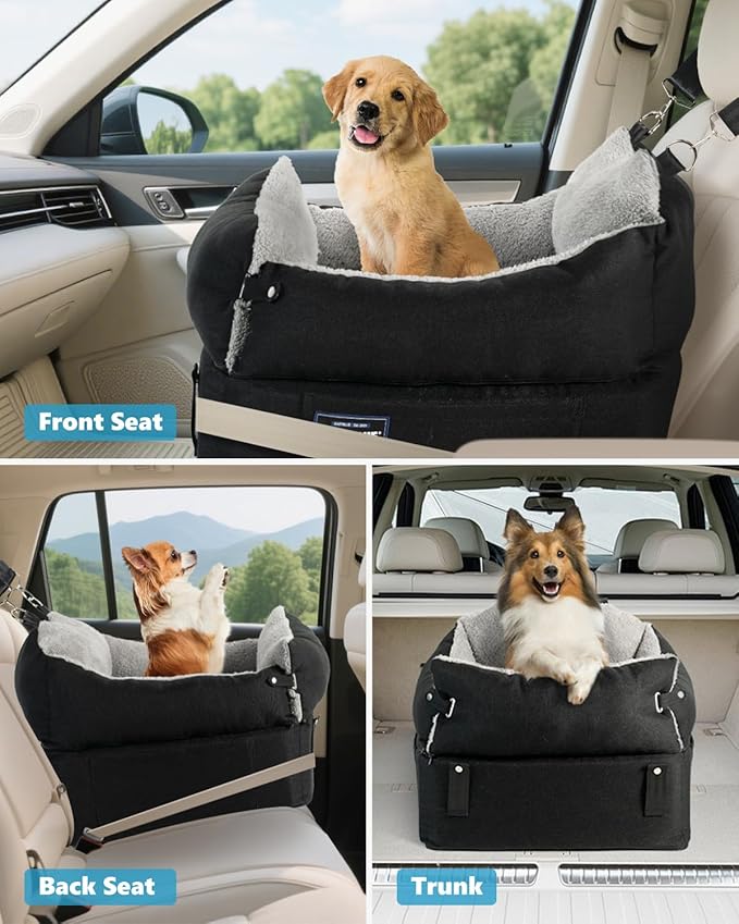 EASTBLUE Dog Car Seat for Small Medium Dogs Up to 35 lbs, 2 Memory Foam Pads Dog Booster Car Seat with Seat Belt, Washable Pet Carseat for Puppy & Cat, Dogs Travel Bed for Cars (Black/Grey)