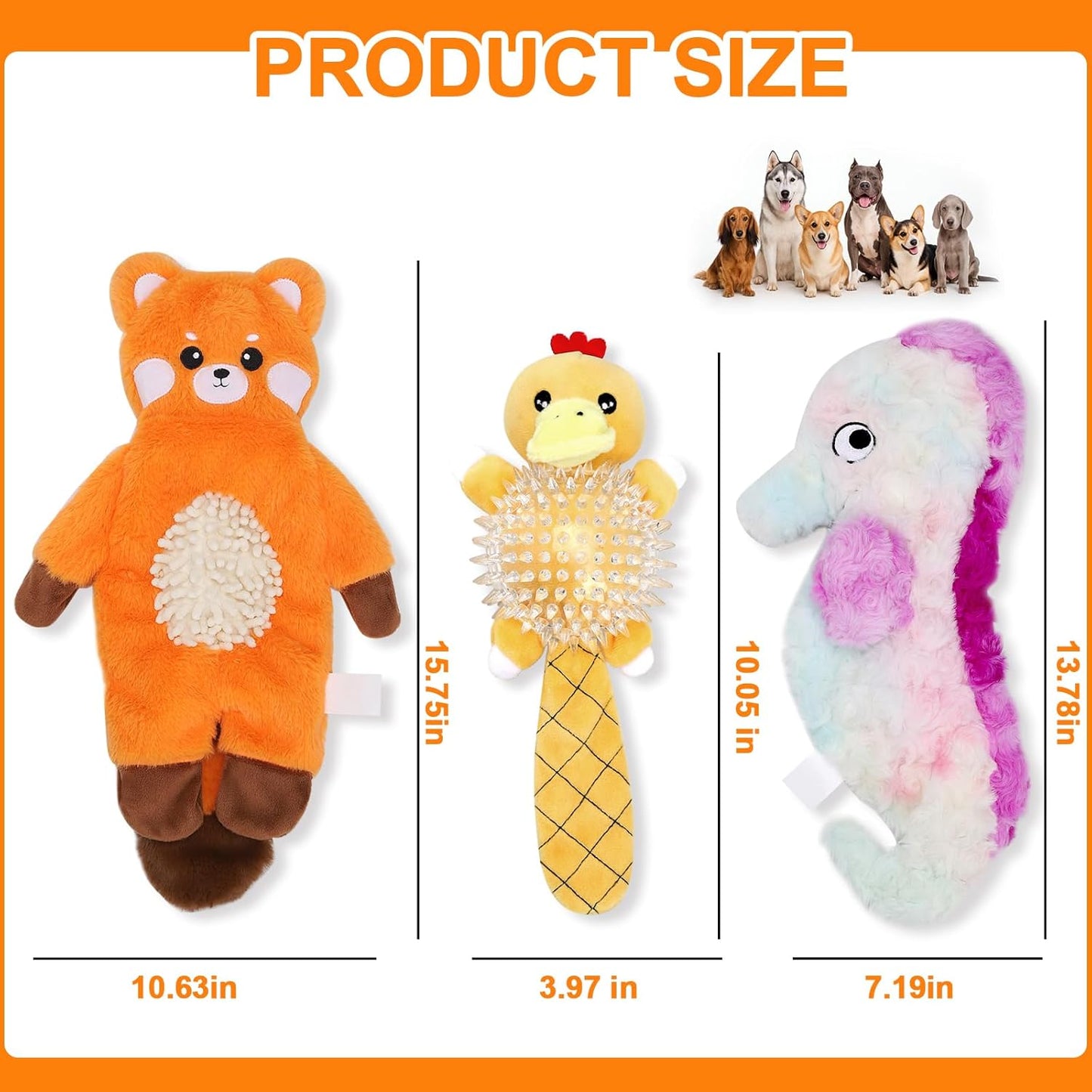 Non-Stuffed Plush Dog Toys 3-Pack - Sized for Small, Medium & Large Breed Puppies, Interactive Squeaky Crinkle Chew Toys
