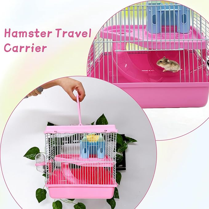 Tfwadmx Hamster Carrier, Dwarf Hamster Travel Cage, Portable Cages with Water Bottle, Gerbil Travel Carry Case Outdoor Vacation House for Small Mice(Pink,10.6”x8”x11.4”)