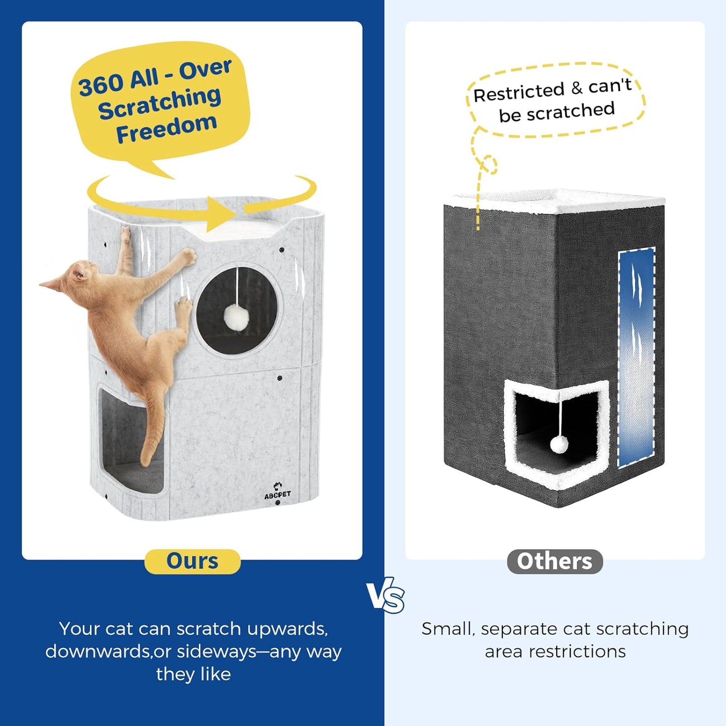 Cat House for Indoor Cats Large Cat Bed Cave 2-Storey Cats Condo with Cozy Felt Covered Hideaway for Multiple Pets Light Gray