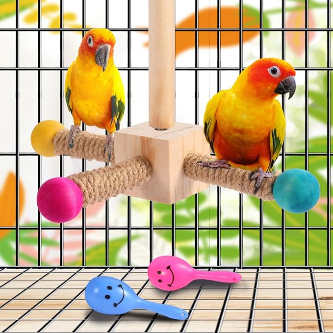 Kyouki Bird Perch Toy - Suitable for Small & Medium Parrots: Conures, Cockatiels, Lovebirds, Parakeets, Quakers, Caiques, Pionus | 360ยฐ Spinning Stand (Primary Colors, Medium Size)