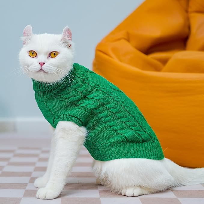 PUPTECK Winter Cat Sweater Coat - Soft Warm Cold Weather Clothes Knitwear for Kittens & Small Dogs Indoor Outdoor Wearing, Knitted Classic for Doggies Kitties Girls Boys, Green, S