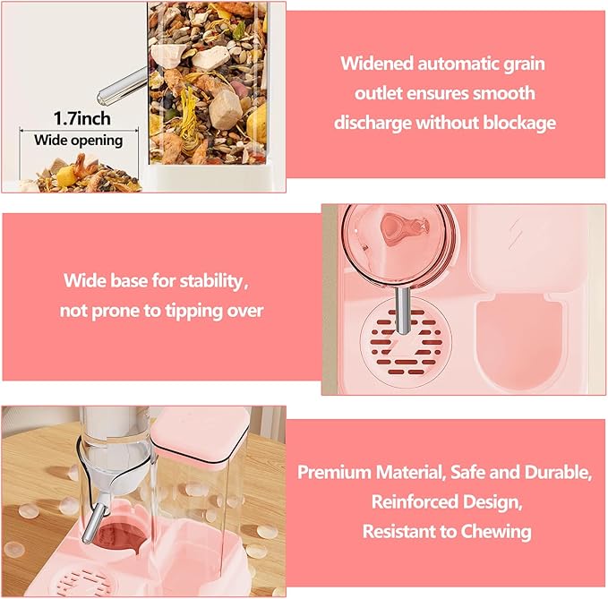 2-in-1 Hamster Water Bottle & Enhanced Food Dispenser - 35% Larger Food Capacity, Leak-Proof Design for Glass Tanks/Wire Cages Small Animal Accessories (Pink, 4.9IN+5.1IN+5.7)