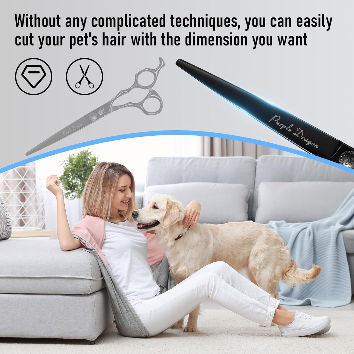 Purple Dragon Dog Grooming Scissors Set - Curved Chunkers, Straight, Up & Down Curved Scissors and Comb, 7 Inch Black Shears with Adjustable Screw for Dogs and Cats